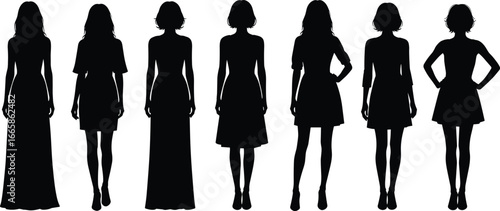 Silhouettes of stylish women in dresses, elegant female poses, fashion design elements, isolated vector illustration, beauty, confidence, femininity