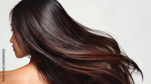 Dark haired asian woman facing away, shoulders exposed, sleek hair cascading down her back against soft gray background, highlighting natural beauty and hair wellness