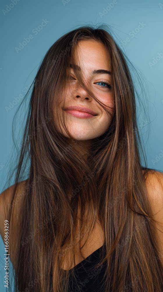 Fototapeta premium Studio portrait featuring beautiful young woman, long brown hair softly moving, serene smile against vibrant blue background
