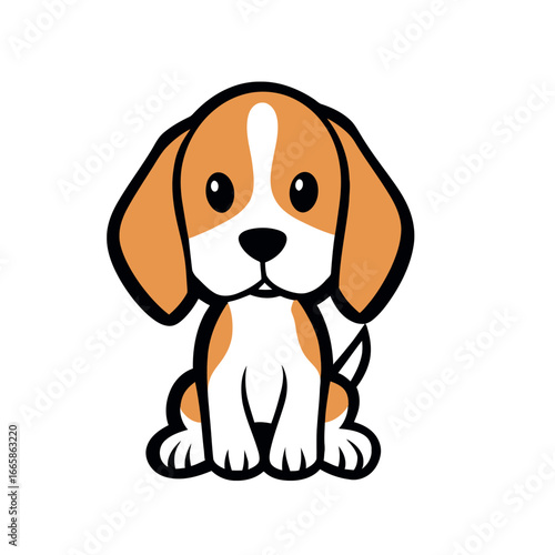 Illustration of a cartoon beagle puppy sitting with floppy ears and a white stripe on its head looking forward vector logo, kids cartoon