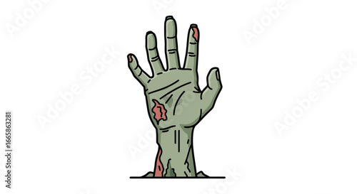 Cartoon Zombie Hand Rising from the Ground with Wounds and Decay, Horror-themed Illustration of a Zombie Limb Surrounded by a White Background, Perfect for Halloween, Horror Campaigns, and Graphic