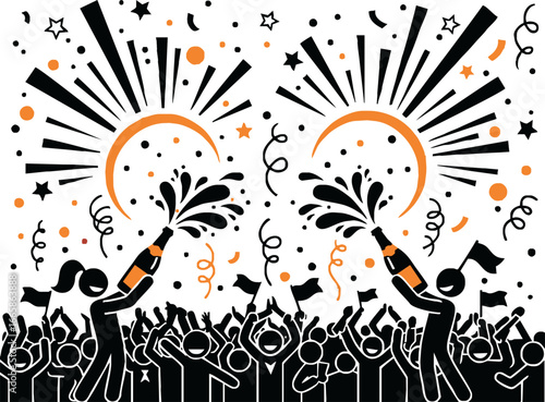 Silhouette illustration of a celebratory crowd toasting with champagne bottles.