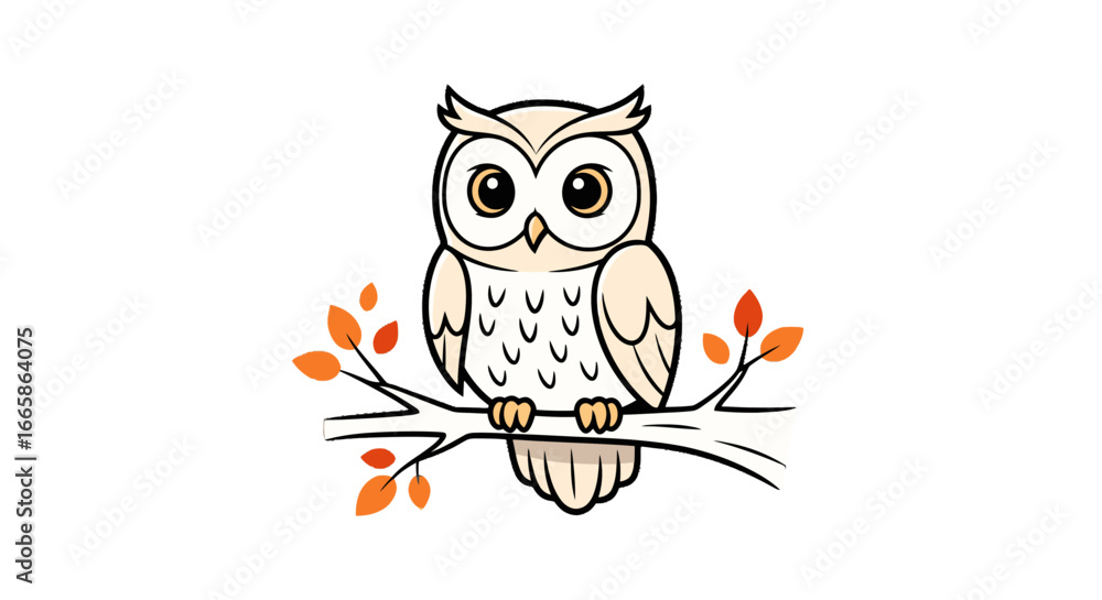 Fototapeta premium Cute Cartoon Owl Sitting on a Branch with Orange Leaves, Wildlife Illustration for Nature Love, Education, and Environmental Conservation Campaigns, Kids Books, and Nature-Themed Designs