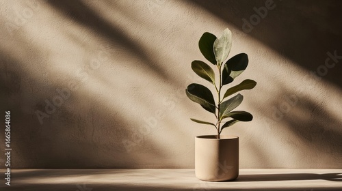 A potted plant with large, dark green leaves sits on a light beige shelf against a textured, light brown wall.