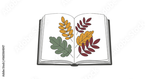 Open Book with Colorful Autumn Leaves Illustration, Educational Nature Theme for Learning, Reading, and Fall Season Promotions, Creative Design for Kids and Adults