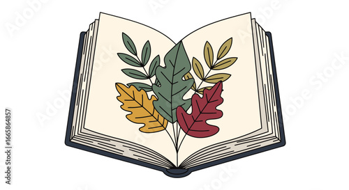 Open Illustrated Book with Detailed Leaf Drawings and Bookmarks, Vintage Educational Print for Literature, Study, Nature, Botany, Reading, Education, and Knowledge Sharing