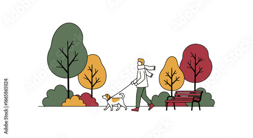 Stylish Minimalist Illustration of a Person Walking a Dog in a Park with Trees and Bench, Perfect for Nature Outdoor Lifestyle, Leisure Activities, and Relaxation Concepts, Modern Vector Art