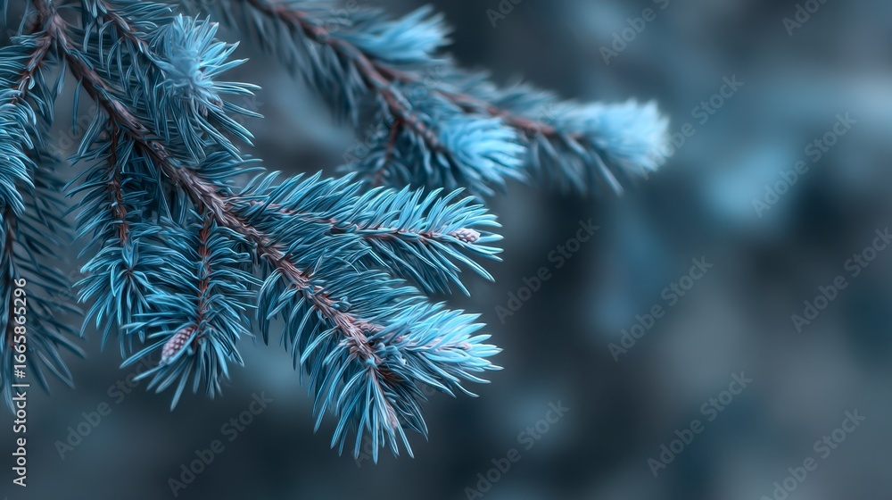 Blue spruce branches with needles in a muted tone focused on the foreground Blue spruce branches with needles in a muted tone focused on the foreground