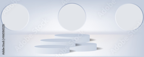 Minimalist 3D White Circular Podium with soft Background and Glass Circle Element. eps10 website