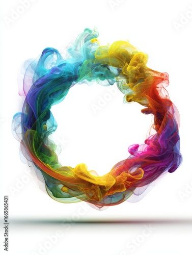 colorful abstract swirls of smoke forming a circular shape on a white background displaying rainbow hues and energy with png