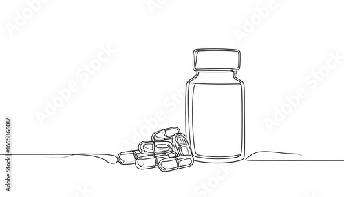 Single line drawing of a medication bottle and capsules, presented against a simple white background.