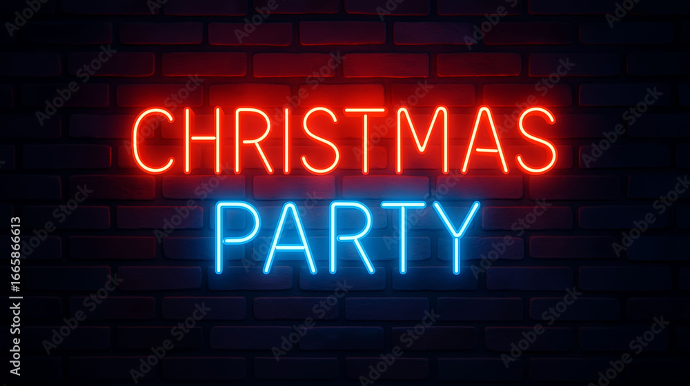 Fototapeta premium Christmas party neon sign glowing on dark brick wall with bright red and blue festive holiday celebration lights and vibrant seasonal atmosphere for winter event
