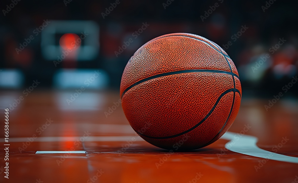 Naklejka premium Close up of an orange basketball on a polished wooden court with blurred background sport