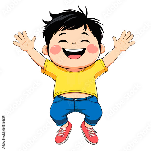 A joyful cartoon boy with black hair and rosy cheeks jumping happily with his arms raised high.