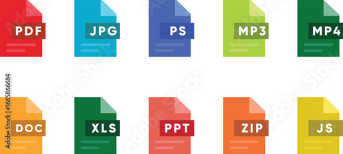 Colored File Format Icon Set. Modern Flat Vector Document Type Symbols for PDF, JPG, DOC, MP3, MP4, ZIP, XLS, PPT, JS, Media, Data, Software, Computer, Application, Web, UI, Digital Storage, Office
