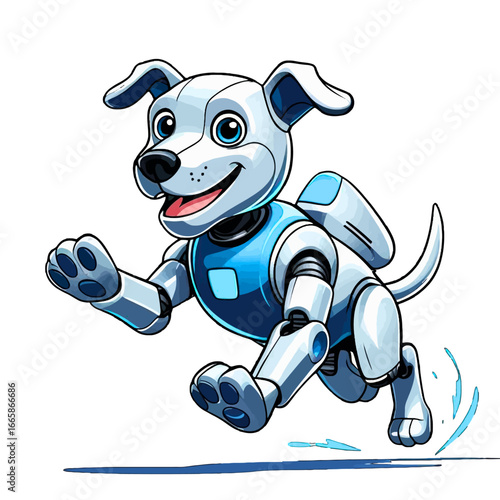 A cheerful cartoon robot dog with blue accents happily runs forward, depicted with a sleek, modern design.