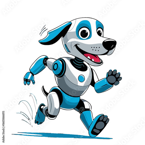 A joyful blue and white cartoon robot dog with a big smile is actively running forward.