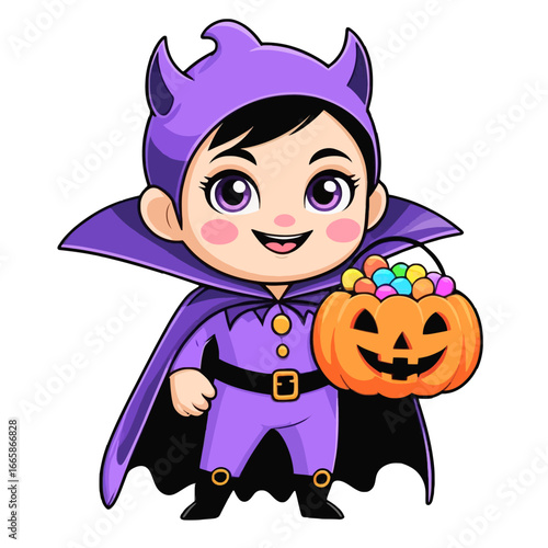 Cartoon illustration of a child dressed in a purple devil costume, holding a pumpkin bucket filled with candy.