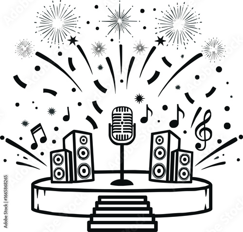 A stylized illustration depicts a stage with a vintage microphone and speakers, surrounded by festive fireworks and musical notes, suggesting a performance or celebration.
