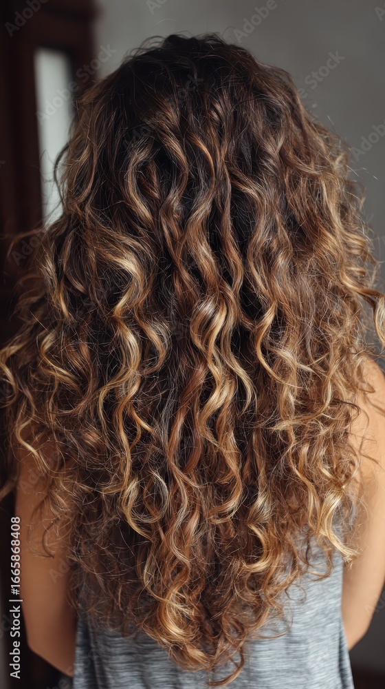 Naklejka premium Close up of flowing brown and blonde curls, revealing natural hair texture and volume with sophisticated, feminine elegance