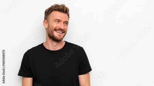 horizontal shot of handsome cheerful man looks happily away smiles broadly wears casual black t shirt isolated over white background with blank copy space being in good mood laughs at something no lo