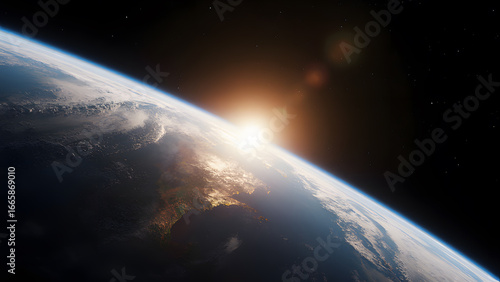 Fototapeta Naklejka Na Ścianę i Meble -  A realistic and beautiful view of planet Earth from space at sunrise