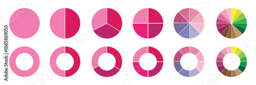 Pie charts diagrams. Pie chart set. Circle section graph. Different color circles isolated. Infographic element round shape. Vector illustration