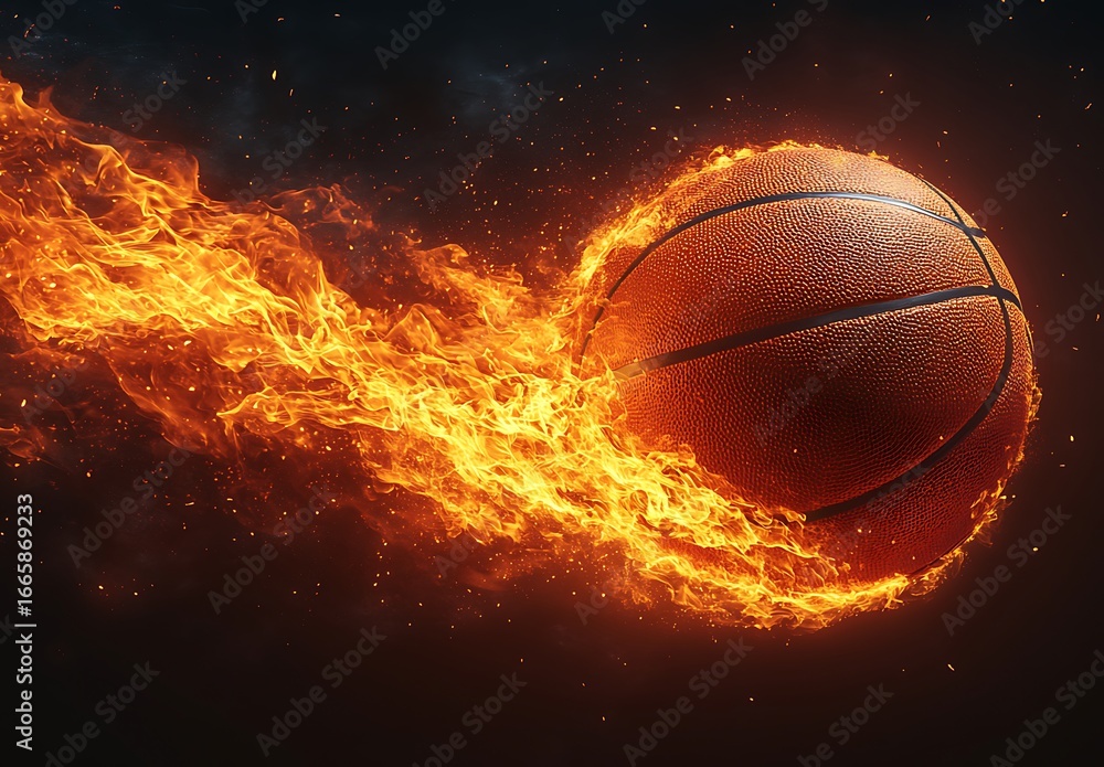 Obraz premium Orange basketball engulfed in bright orange and yellow flames on dark background fire