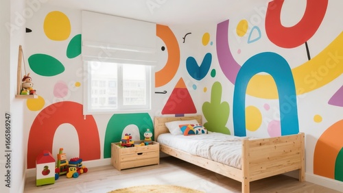 A children's room with bright colors and childlike decorations. The combination of wall paintings, toys and simple furniture creates a lively and warm growth space.