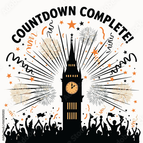 Silhouette of Big Ben with "Countdown Complete!" text, fireworks, and celebrating crowd.