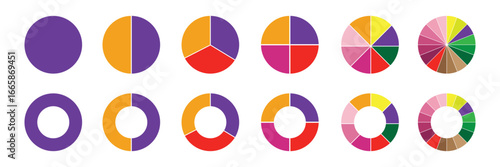 Set of colorful pie charts. Colorful pie charts with varying segments. Circle section graph. Pie chart set. Pie charts diagrams. Different color circles. donut and pie chart infographic elements set