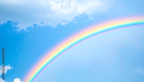 A vibrant rainbow arches across a clear, light blue sky, dotted with fluffy white clouds.