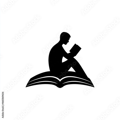 Logo design featuring a book and a human silhouette reading in negative space, in a simple, minimalistic style on a white background.