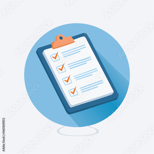 Clipboard displaying checklist with orange checkmarks floating above white surface casting long shadow, conveying completion and organization.