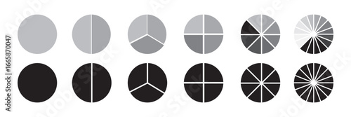 Circle division infographic colorful icon set. Infographic wheel segment and fraction. Pie chart divided equal parts. Color round diagram.