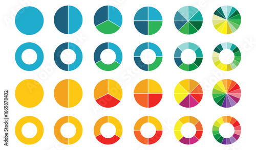 Set of colorful pie charts. Colorful pie charts with varying segments. Circle section graph. Pie chart set. Pie charts diagrams. Different color circles. donut and pie chart infographic elements set.