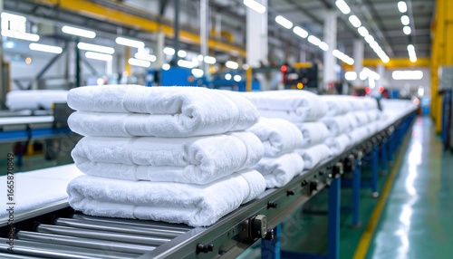 Factory Conveyor Belt with Stacked Towels.