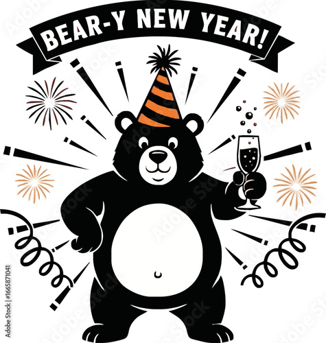 Cartoon illustration of a black bear wearing a party hat and holding a champagne glass, celebrating the New Year with fireworks and streamers.