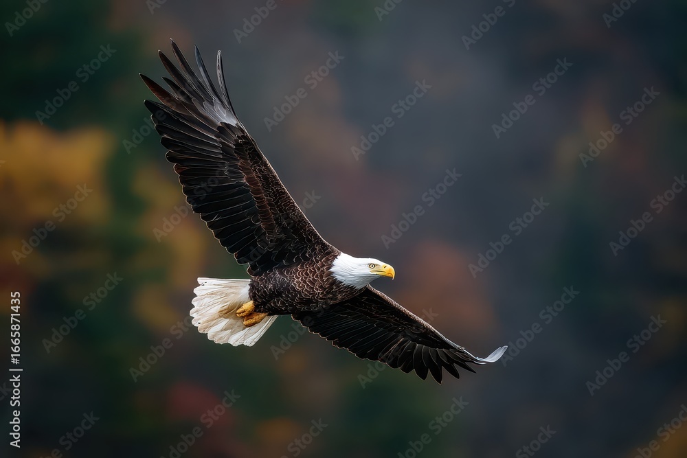 Fototapeta premium Bald eagle soaring gracefully with wings fully extended in a vibrant natural landscape