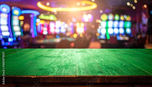 Green Casino Tabletop with Slot Machines  and Blurred Background.