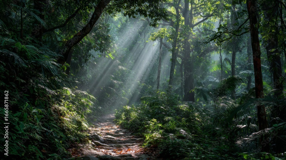Obraz premium Sunlit Forest Path: Lush Green Canopy and Mystical Rays