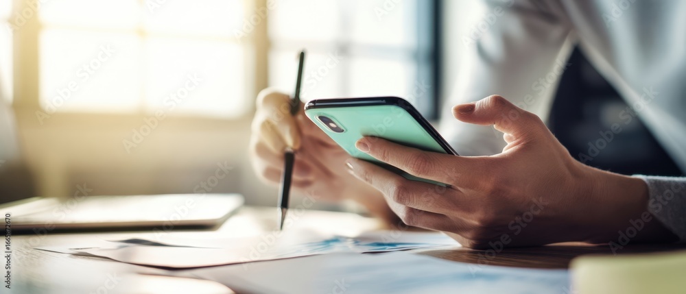 Naklejka premium The Smartphone in Hands Over Documents on a Sunlit Modern Office Desk