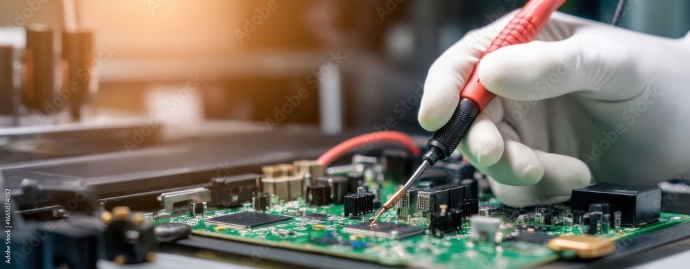 Naklejka premium The Circuit Board Being Tested with Precision Probe by Gloved Technician in Workshop