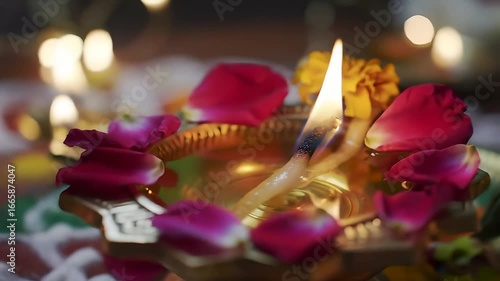 Diwali celebration with diya lamps. Flame burning bright in decorative oil lamp, Hindu festival of lights, spiritual tradition, cultural heritage, peacefulness, religious devotion.