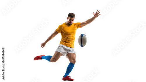 Rugby Player Kicking Ball: A determined athlete showcases skill, kicking a rugby ball with precision, embodying athleticism and strength in action. 