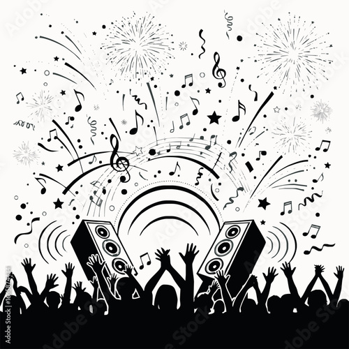 Crowd celebrating a music event with fireworks and speakers.