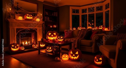 Spooky halloween night with glowing jack o lanterns in a cozy living room setting