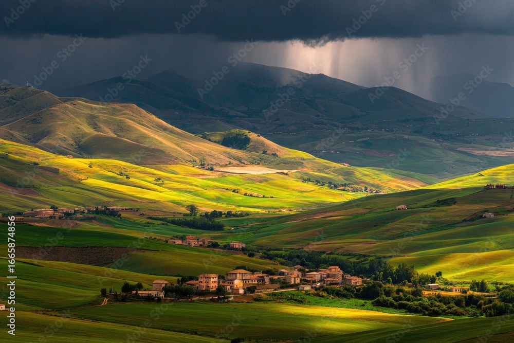 Fototapeta premium Sunlit Italian hills, storm clouds