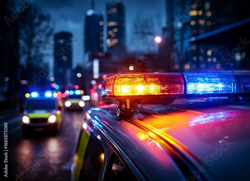 amb glm blue light flasher on top of an ambulance car close up photo, blurred background with another ambulances in the backgroun