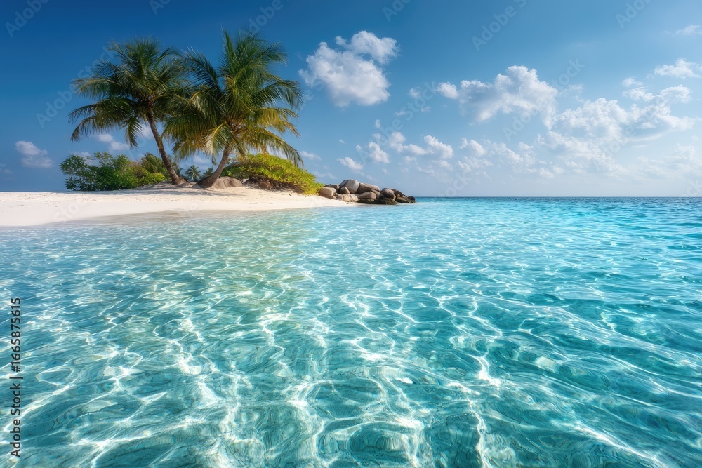 Fototapeta premium Tropical island paradise. Tranquil beach scene with crystal clear water and palm trees